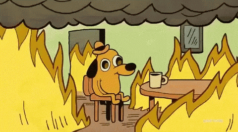 Illustration d’un chien disant “I'm fine” dans une pièce en feu