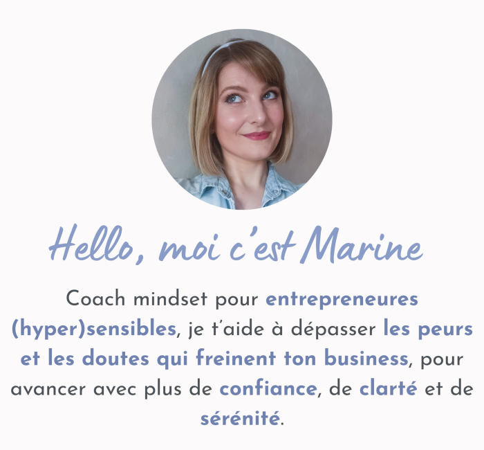 Photo de Marine, coach mindset présentant son accompagnement pour aider les entrepreneures sensibles à dépasser leurs peurs.